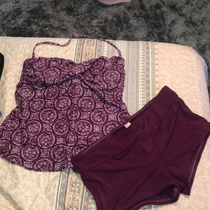Burgundy tankini bathing suit with short bottoms